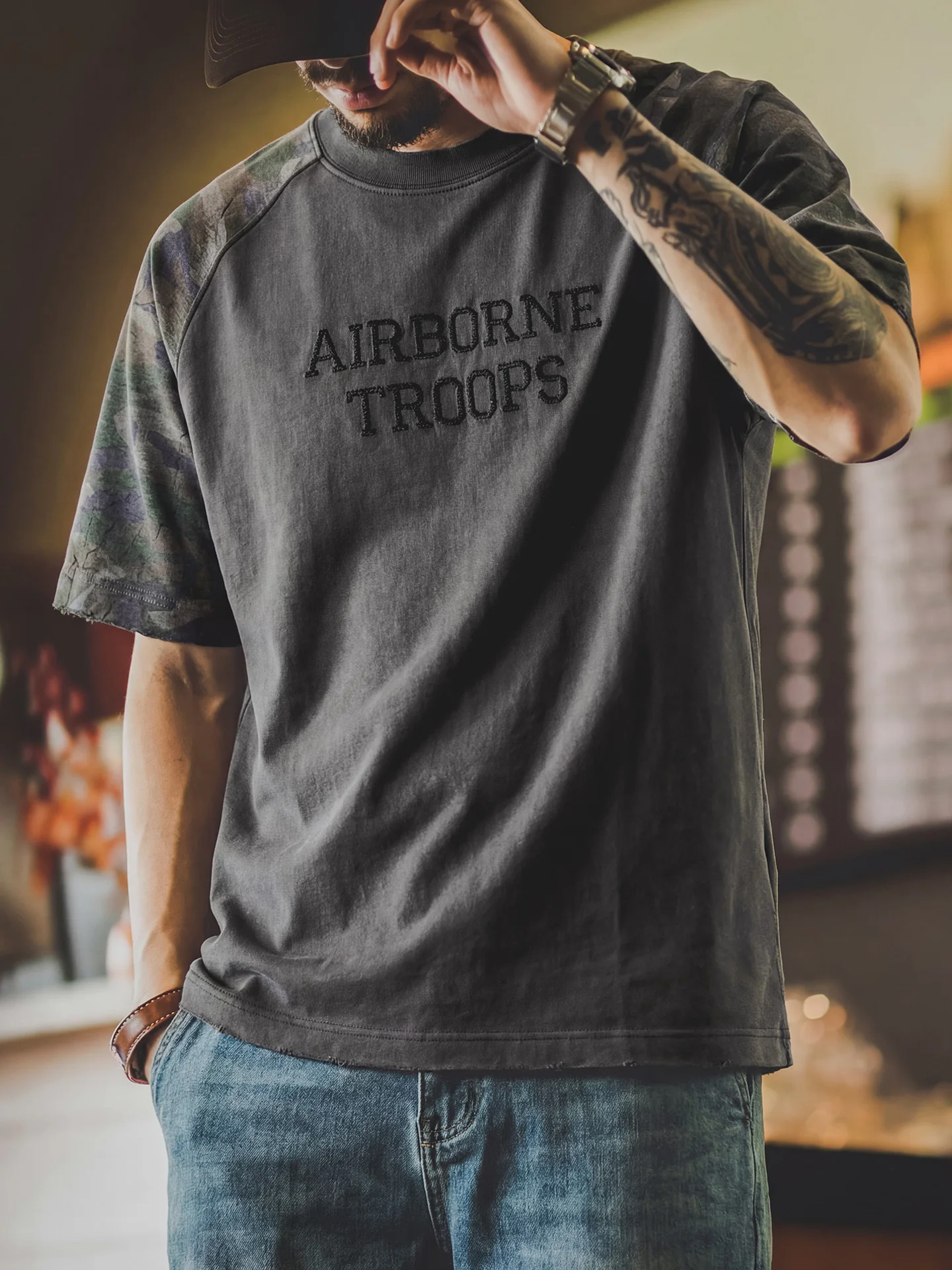 

American Style Camouflage Contrast Color Block Short Sleeve T-Shirt Men's Retro Washed Embroidery round Neck Body Shirt Summe...