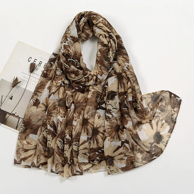 Cotton Linen Scarf for Sun Protection, Floral Print with Soft Touch Scarf, Fashionable and New