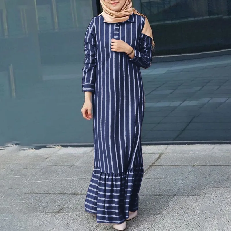 

2024 New Muslim Ramadan Prayer Suit Casual Long-sleeved Striped Lapel Robe Women's Long Dress for Europe and America