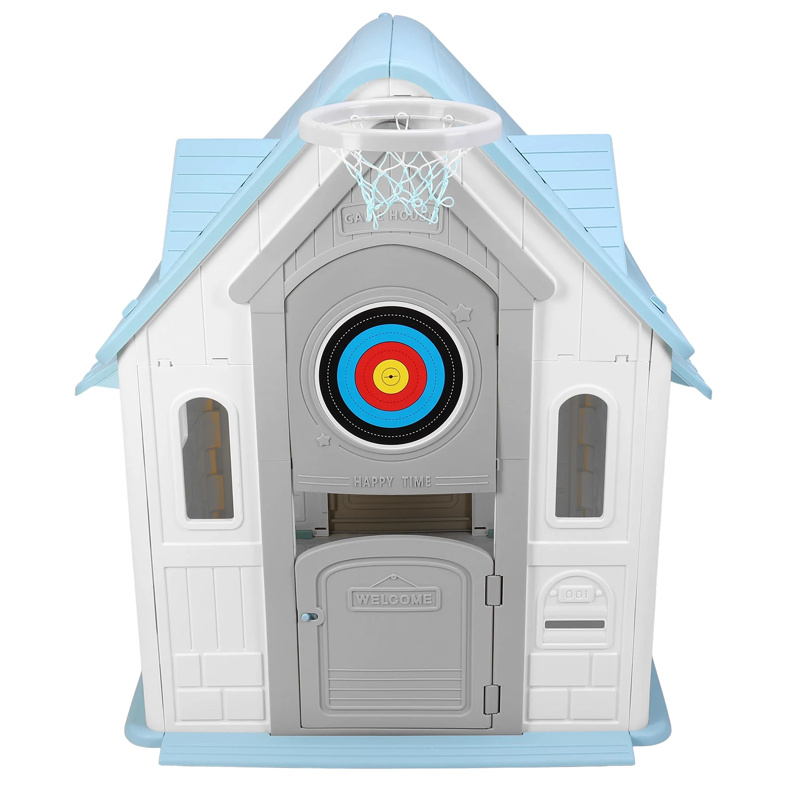 

Детский игровой домик с баскетбольным кольцом и дартс-доской для игр на улице (светло-голубой)