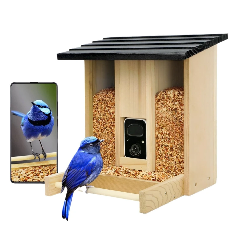 

Bamboo wood intelligent bird feeder with camera outdoor garden high definition identification bird feeder with lens