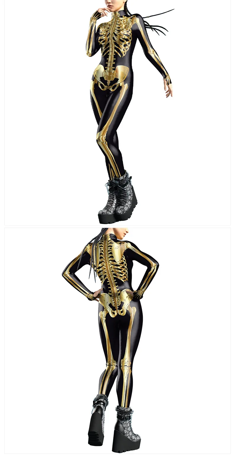 Karneval Halloween Party Fluoreszierender Skelett-Druck Damen Sexy Jumpsuit Cosplay Kostüme Ausgefallener Totenkopf-Bodysuit Mujer 2026 – Detail 7