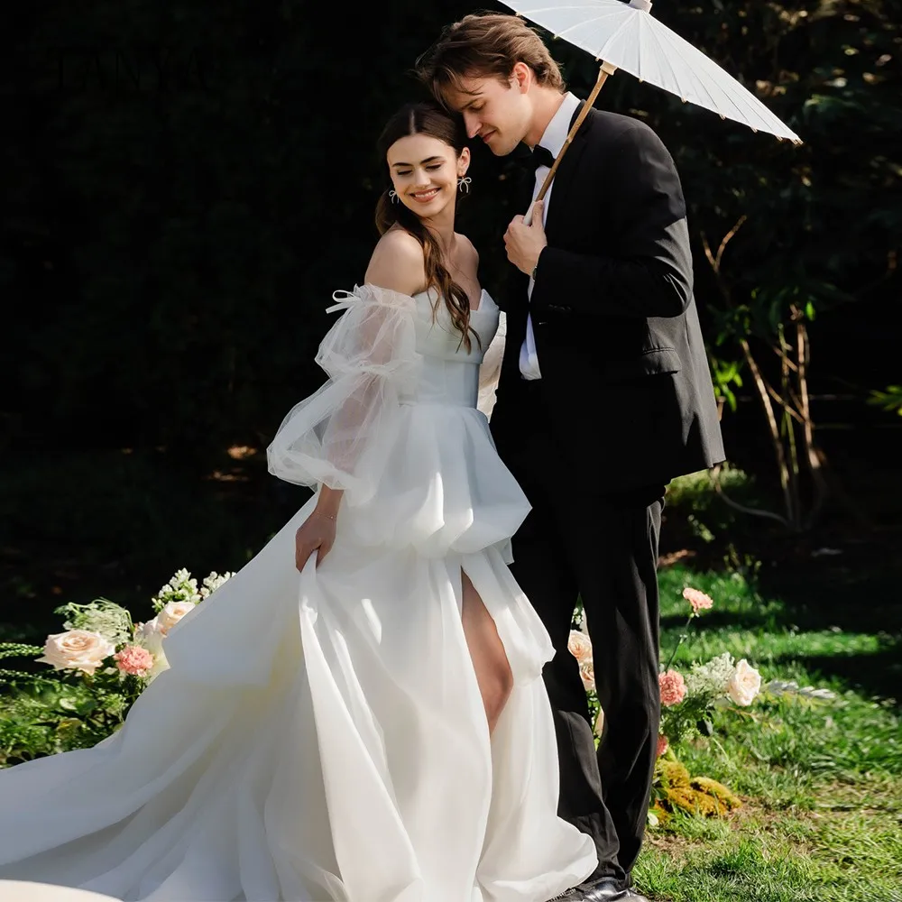 Robe de mariée en organza avec poignées amovibles, chérie de la présidence, optique décolleté, manches longues, ligne A, train de balayage, robe de patients romantiques, TSWD295