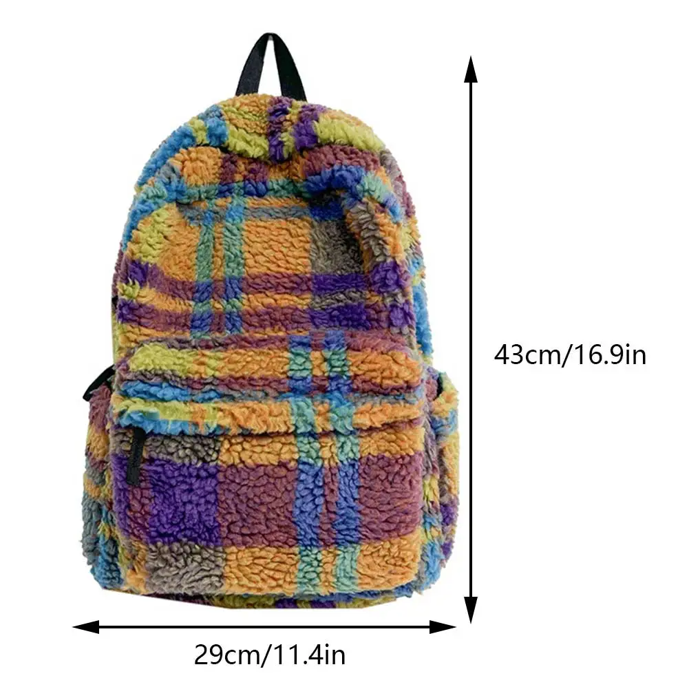 Lamb Wool Color Clash Schoolbag Winter Fluffy Student Mochila Faux Fur Women\'s Knapsack Soft Furry Plaid Ladies Fashion Backpack