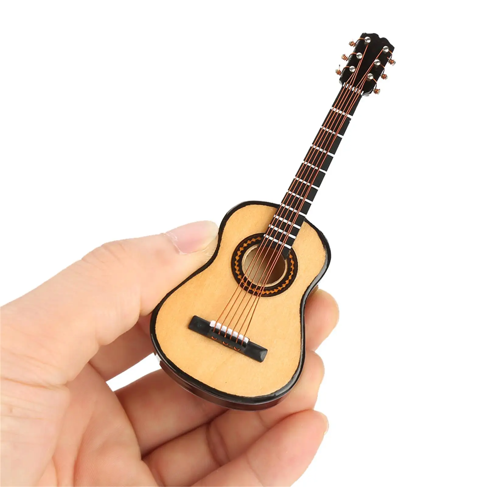 10cm Wooden Guitar Model Miniature Musical Instrument Ornaments Craft Mini Guitar Display with Stand Desktop Decoration