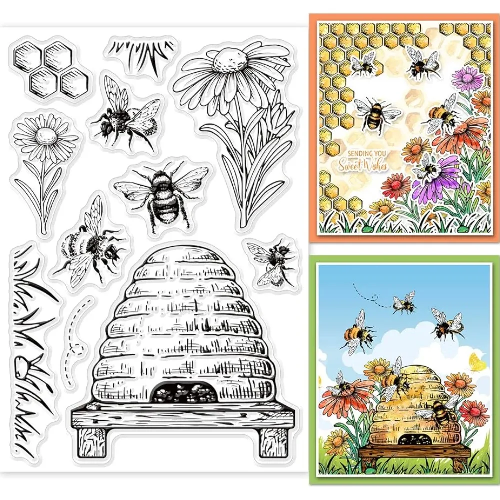 Vintage Honeycomb Clear Stamps for DIY Scrapbooking Decor Bees Wildflowers Grass Transparent Silicone Stamps for Making Cards