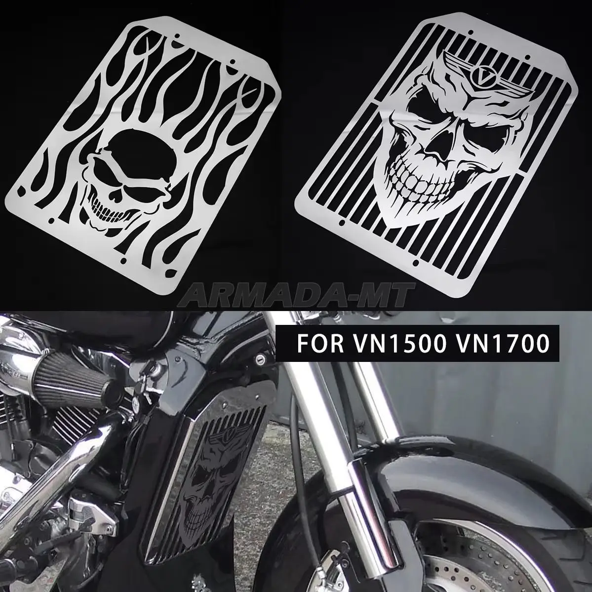 Motorcycle Steel Flame Skull Radiator Grill Cover Protector Water Tank Cooler Cap For Kawasaki Vulcan VN1700 VN 1700