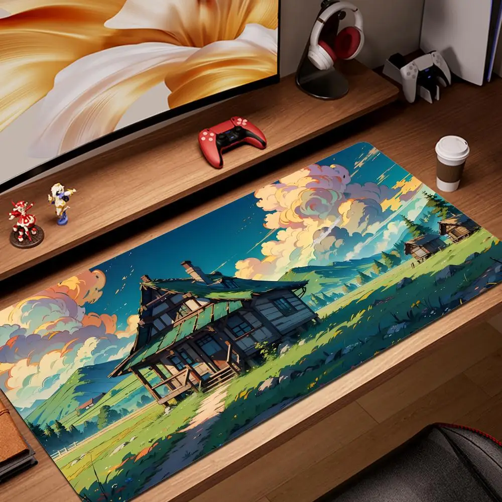 

Rural cottage Field scenery mouse pad landscape mountain sunset cartoon HYBXAXC XXL Extended Computer Non-slip desk mat