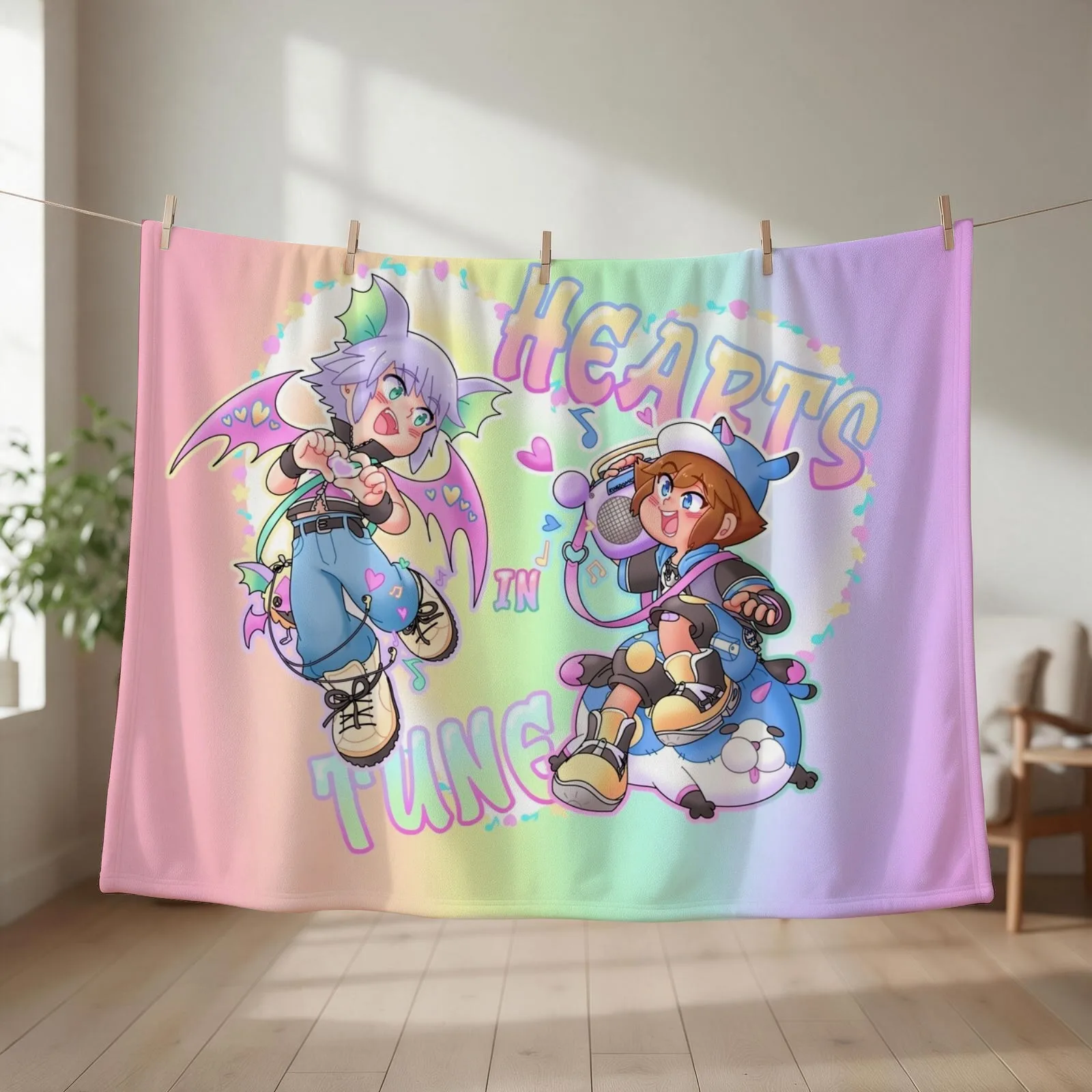 Hearts in Tune (BLANKET & rainbow BG) Throw Blanket Camping bed plaid Soft Beds Soft Plaid Blankets