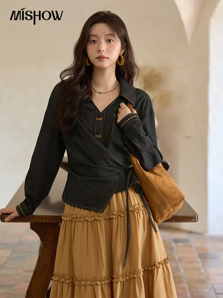 

MISHOW Autumn Retro Black Imitation Denim Shirt 2025 Side Lace-up Solid Shirts Lapel V-neck Retro Button Casual Tops MXE42C2374