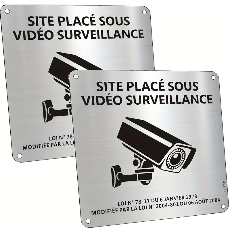 French Video Surveillance Sign 2 Pcs, Metal Security Camera Sign 15×15 cm, Self-Adhesive with Hole, French Language CCTV Notice