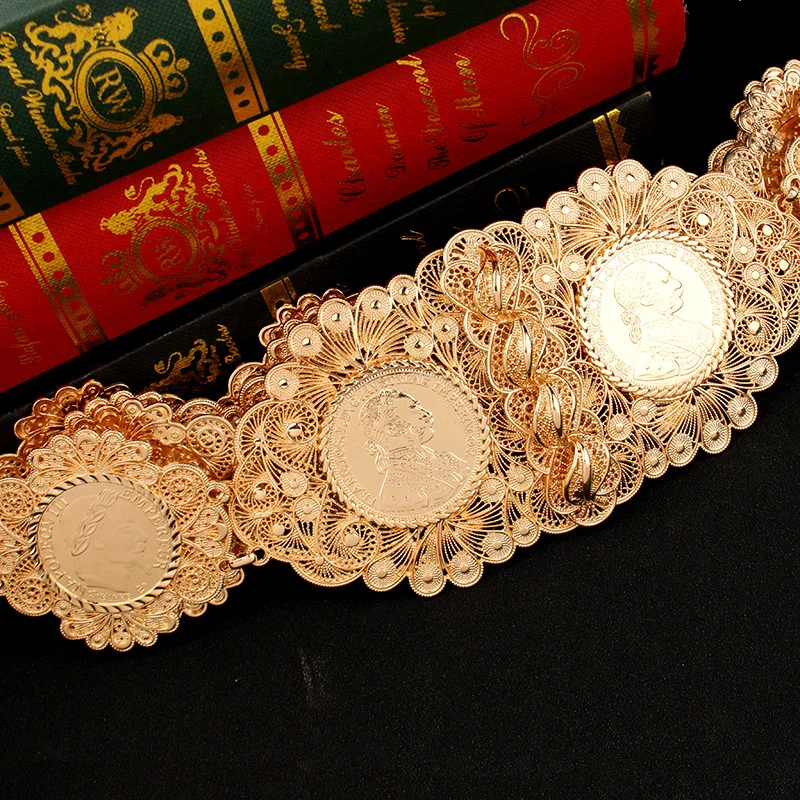 New Gold Plated Flower Waist Belts European Trendy Napoleon Figure Waist Chains for Women Luxury Coin Bridal Belts