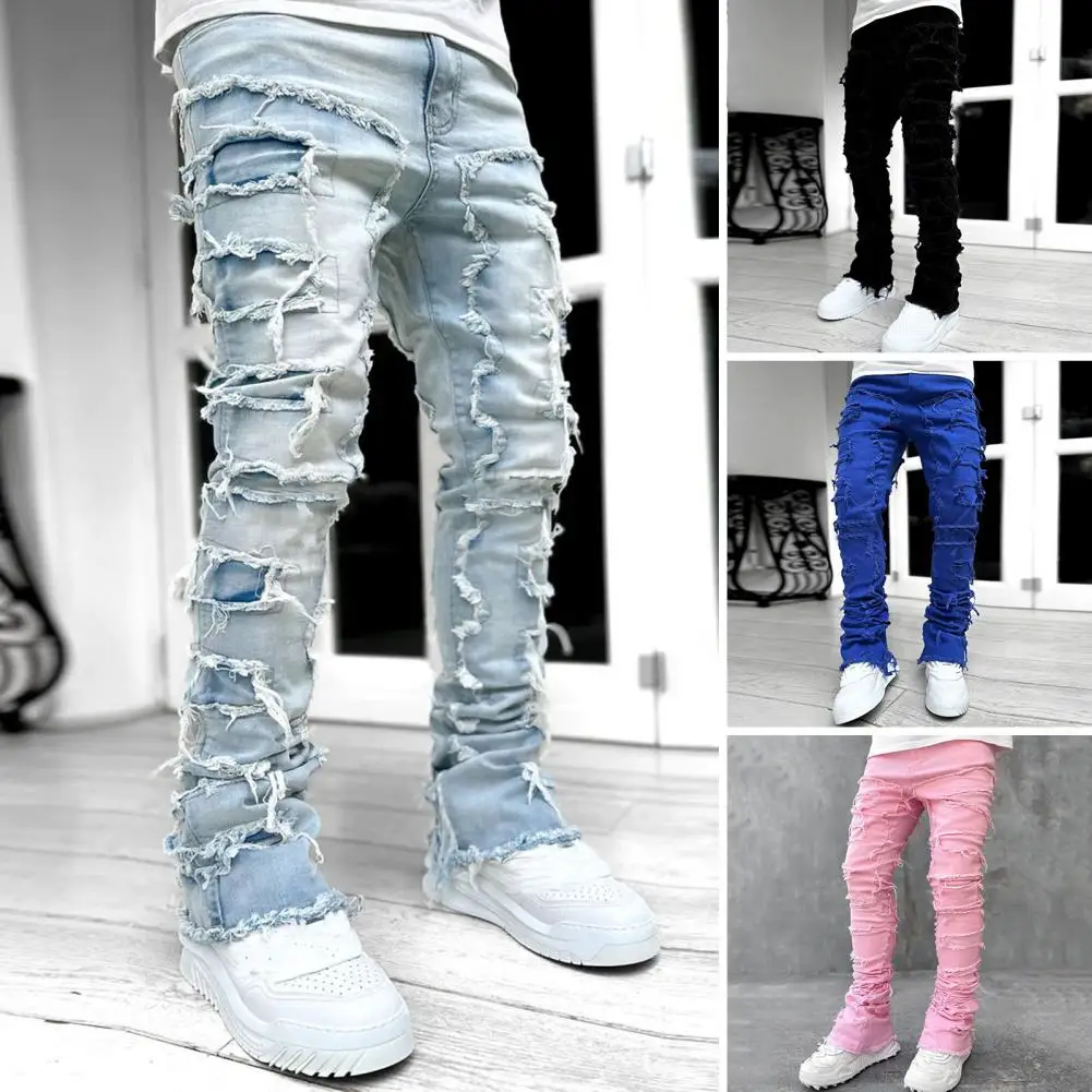 

Stretch Men's Jeans Washed Motorcycle Trousers Vintage Man Cowboy Pants Punk Loose Straight Retro Baggy Designer Casual