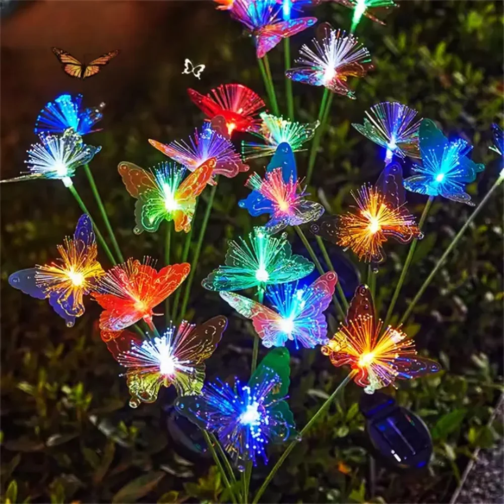 Solar Light Fiber Optic Waterproof LED Butterfly Outdoor Garden Ground Lawn Light Swaying Landscape Decoration Solar 1～2pcs