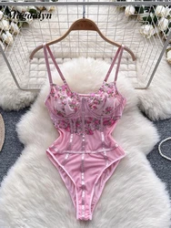 Magdalyn Women's Clothing One Pieces Bodysuits Sexy Lingerie Sweet Flower Embroidery Rompers Sheer Combination Tight Jumpsuits