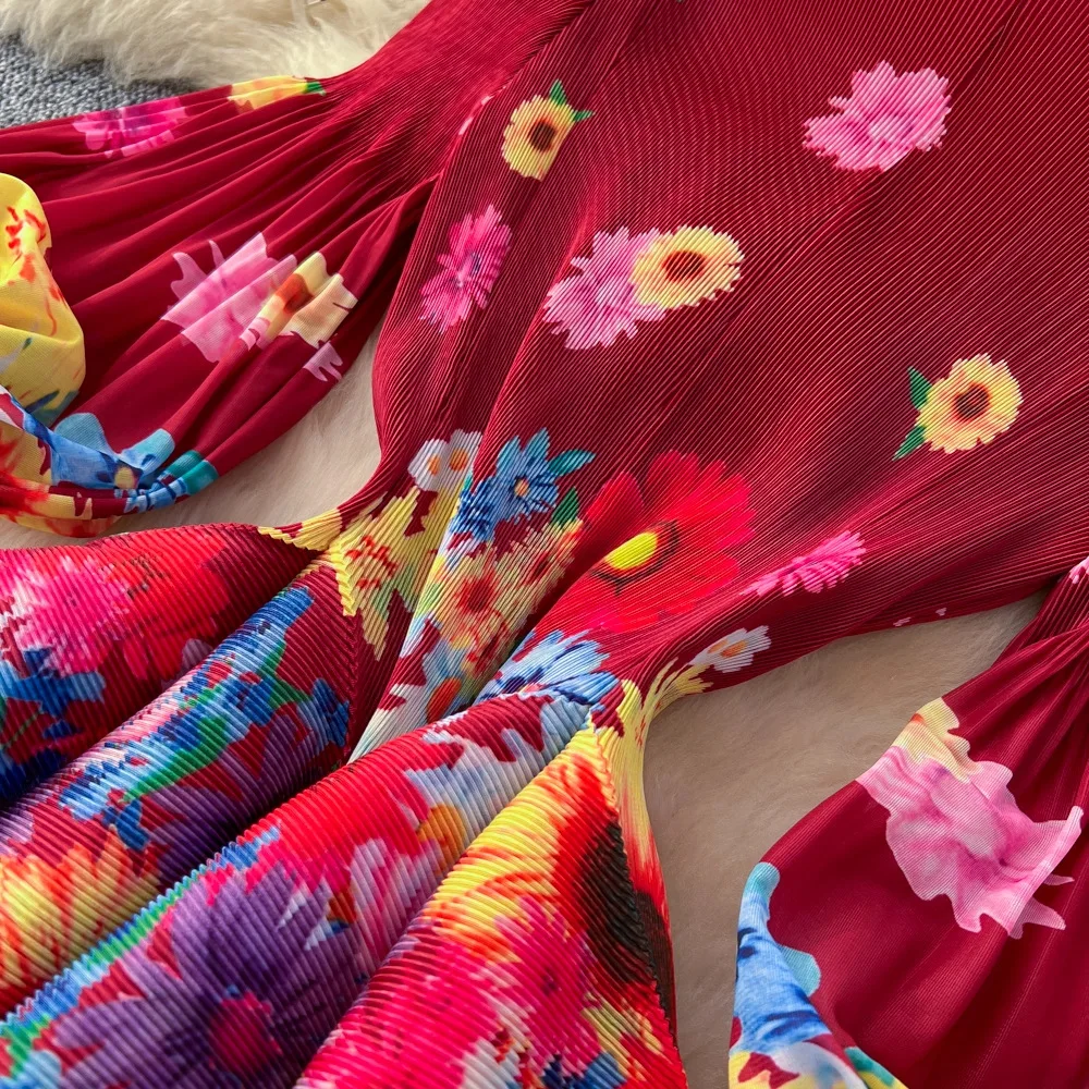 Miyake Pleated Print Dresses 2026 Summer New Round Neck Lantern Sleeve A-Line Flower Bud Dress Elegant Stretch Women's Clothing
