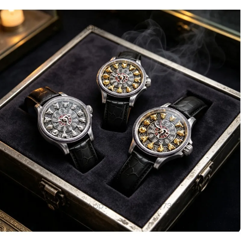 Vintage Han‑Style Men Automatic Watch Chinese Zodiac 12 Beasts Micro‑Sculpture Dial Leather Band Retro Mechanical Wristwatch