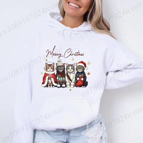 Imagen 2 del producto Meowy-sudaderas con capucha con estampado de gato navideño para mujer, ropa para niña, sudaderas divertidas de Feliz Navidad, Tops informales para mujer
