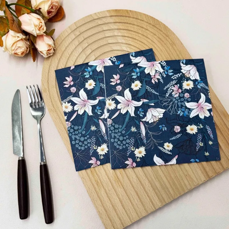 10/20 Pcs 33cm 2-Layer Color Printed Napkins Blue Flowers and Plants Wine Glass Origami Decorative Painting DIY Decoupage Paper