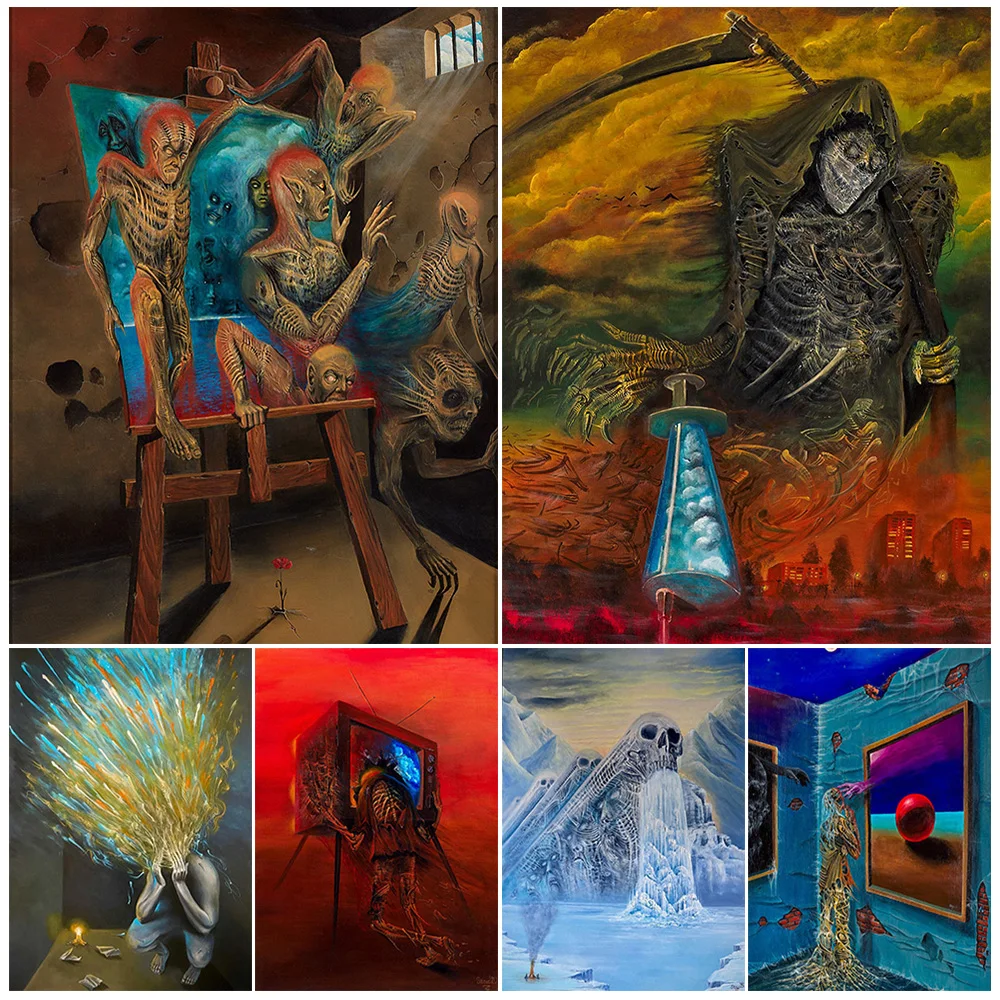 

The Devil Crawls Out Of The Painting,Abstract Horror Wall Art Canvas Print Weird Death Fantasy Gothic Art Poster And Print Decor