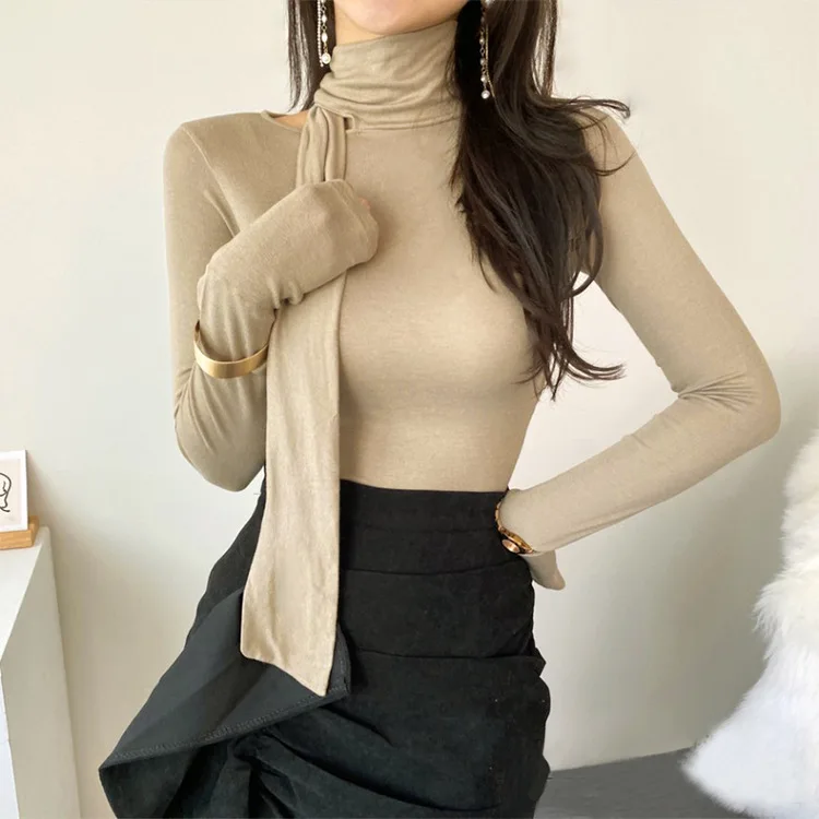 

Autumn Winter New Long Sleeve T-shirt Women's Single Shoulder Hollow Out Long Scarf High Neck Slim Fitting Bottomed Shirt Top