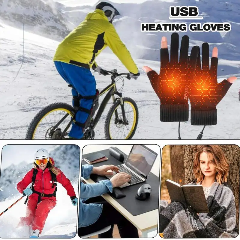 Winter Gloves Heated USB Heated Mitten Detachable Warm Gloves Non Slip Laptop Hand Warmer Rechargeable Warm Gloves for Indoor