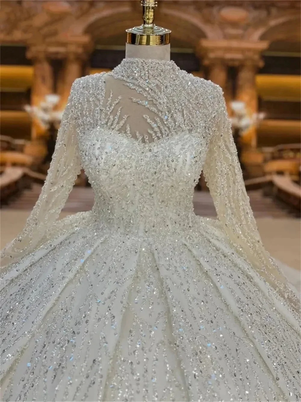 Customized Sparkle Ball Gown Wedding Dress High Neck Beads Sequins Long Sleeve Bride Dresses Arabic Bridal Gown Vestidos De image 2