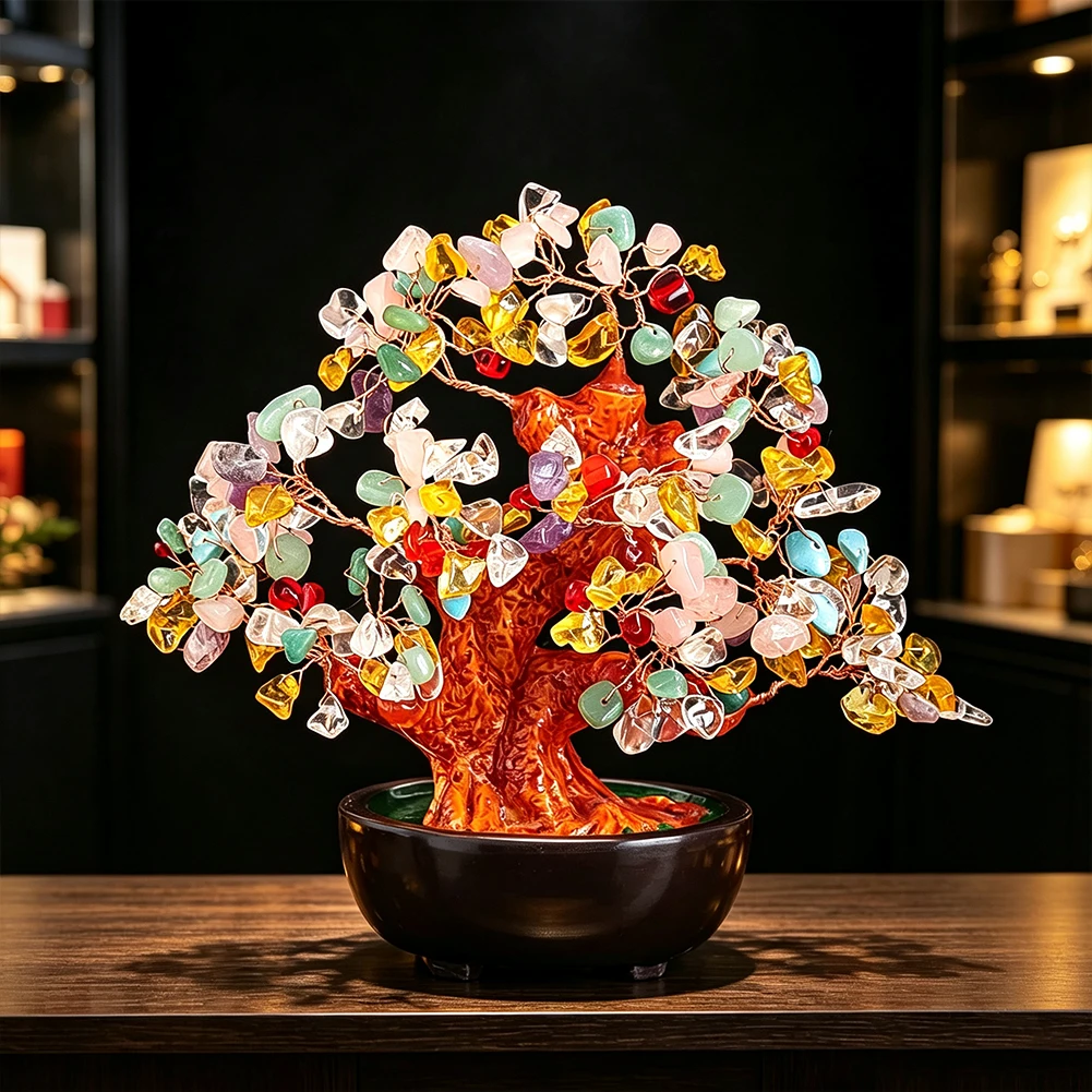 Handgefertigter Natürlicher Chakra-Kristall-Glücksbaum mit Harzstamm und Keramikbasis, Heilstein-Bonsai-Ornament, Einweihungs- und Geschäftsgeschenk – Detail 1