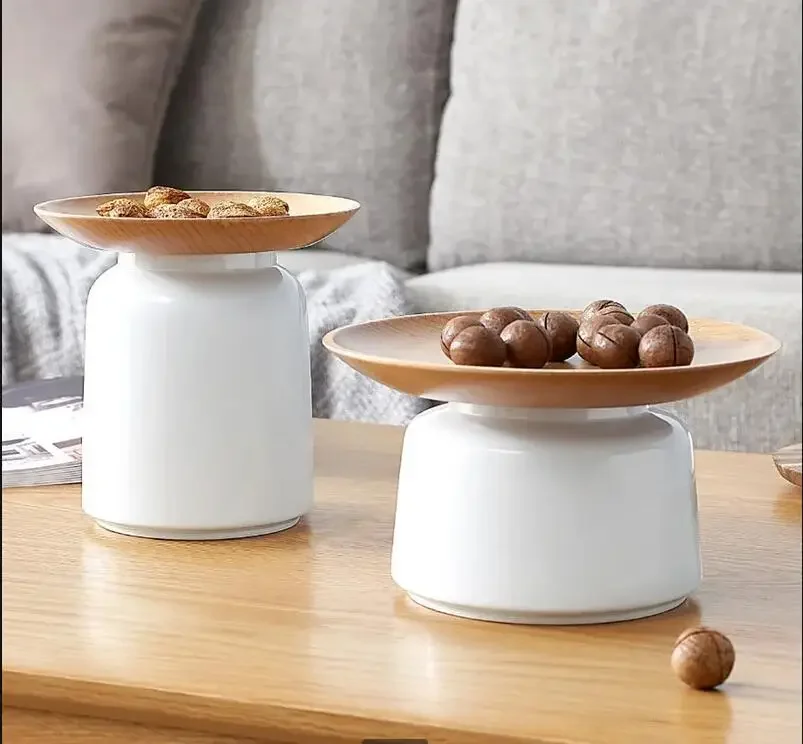 White Ceramic Jar Round Shape Wood Dried Fruit Plate Multi-function Storage Storage Tray Snack Tray Decorative Jar with Lid