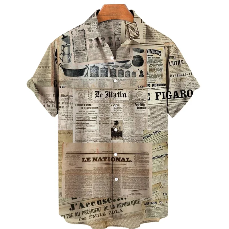 Hawaiian Beach Summer Men's Shirt 3D Printed Vintage News Papers Shirts Men Women Fashion Oversized Vocation Short Sleeve