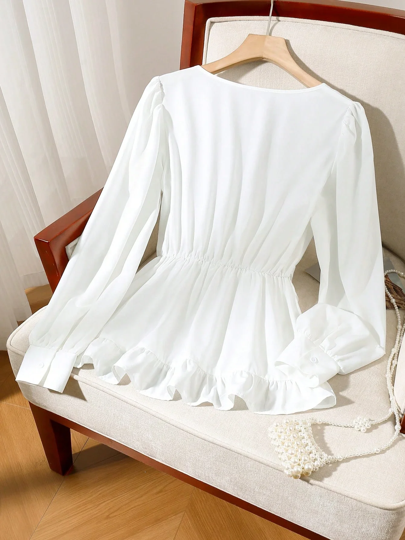 

Elegant V-Neck Ruched Waist Blouse With Belt For Women White Spring