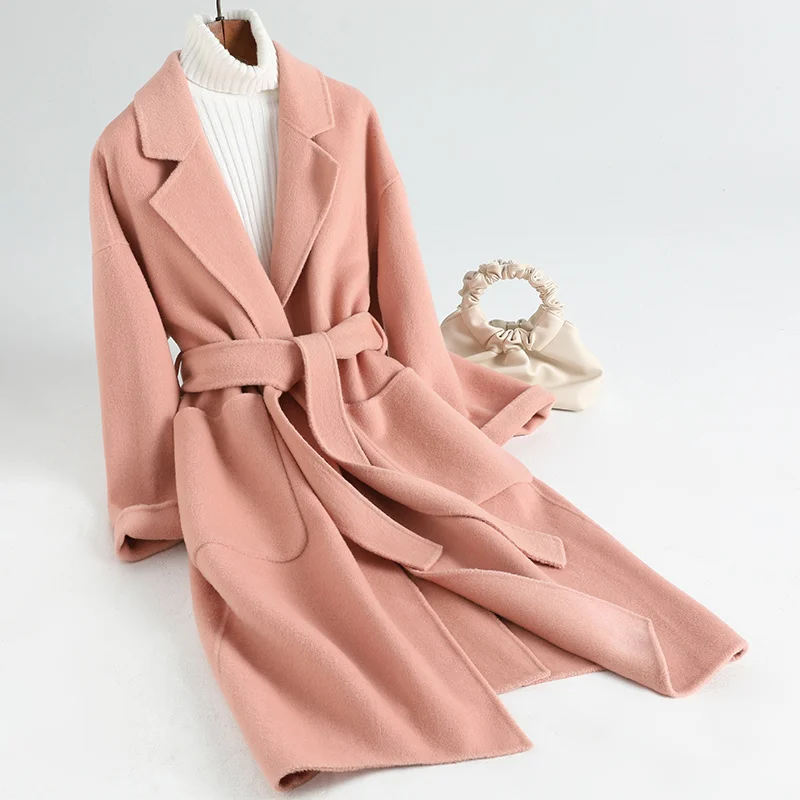 

Pink Double sided Cashmere Coat Women's Mid length 2022 New High end 100 Pure Wool Coat Hepburn Style