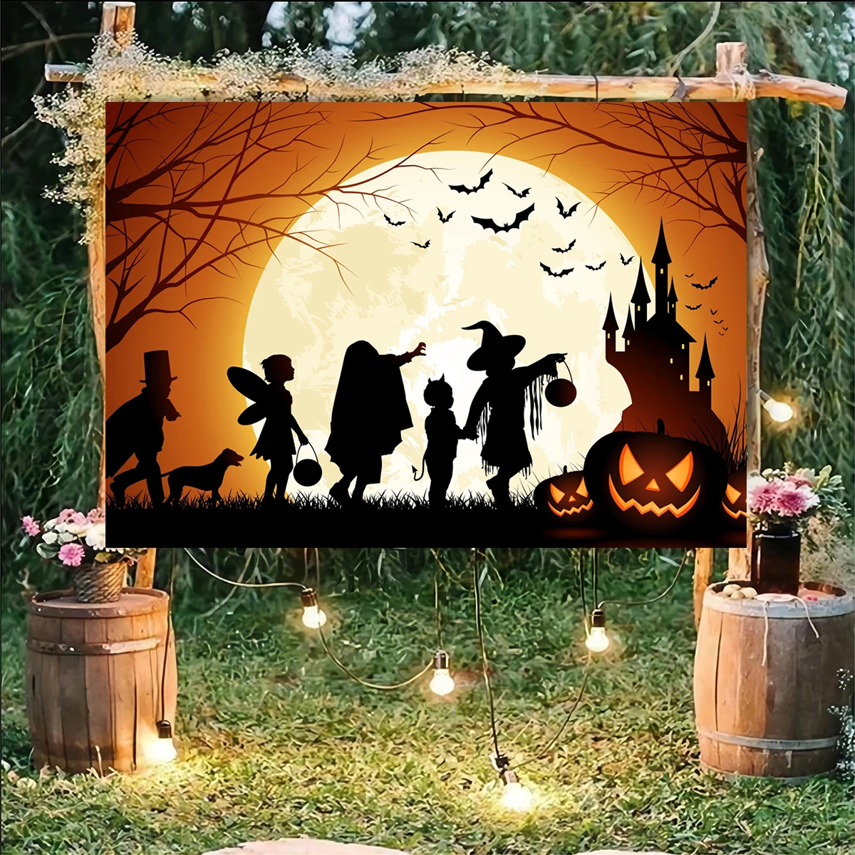 Fondo de feliz Halloween, sombra, fantasma aterrador, Banner, espantapájaros, decoraciones de fiesta familiar, vestido al aire libre, Luna, noche, fotografía