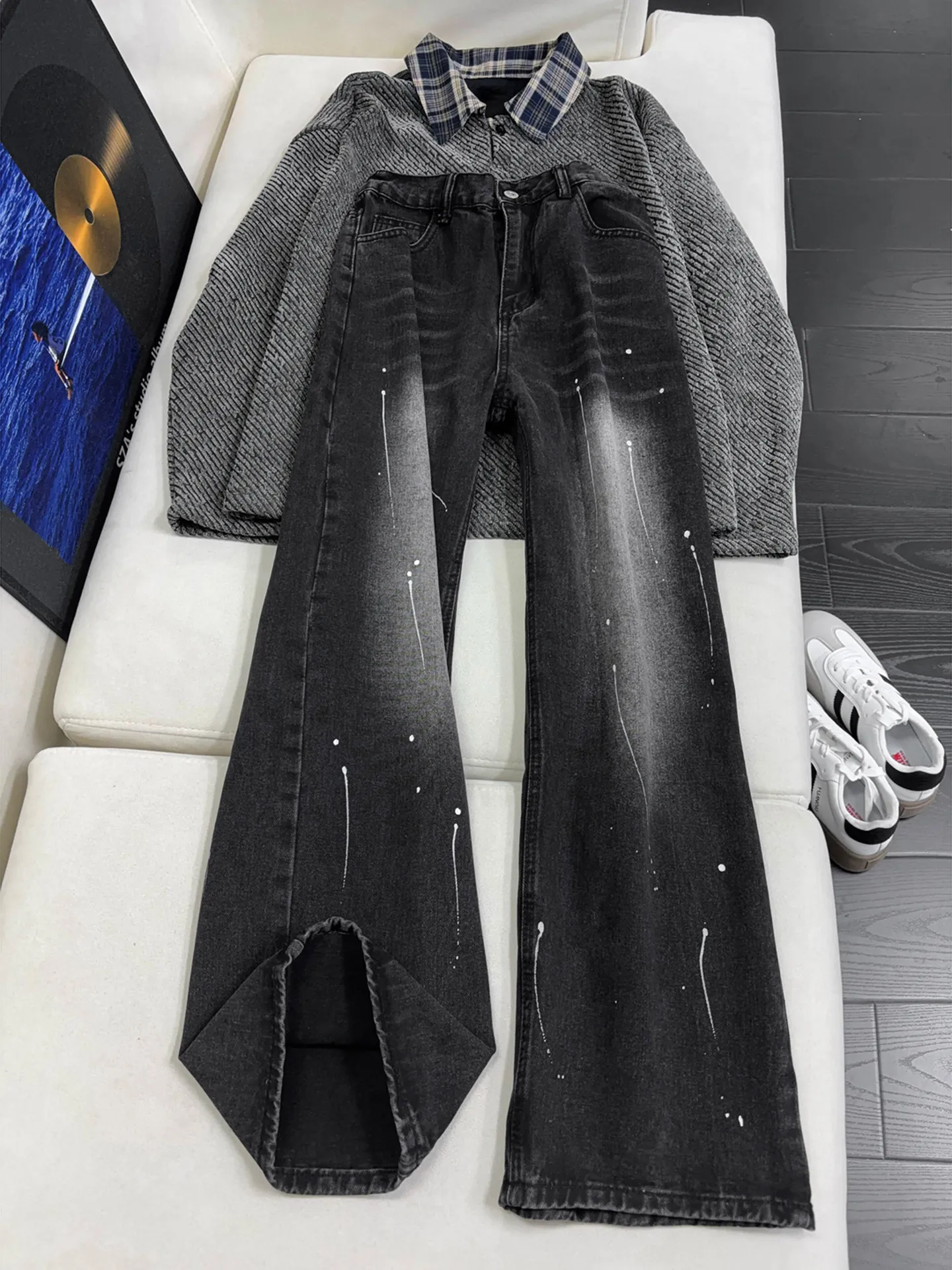 

Джинсы-клеш из денима с высокой талией, прямые, широкие, повседневные брюки для мужчин и женщин, молодежная мода