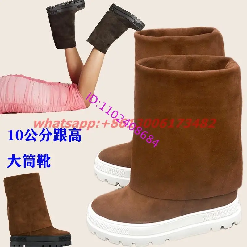 Real Photos New Arrive Woman Double Platform Inner Wedge Heel Half Boots Thick Sole Wedge Inside Woman Trousers Platform Boots