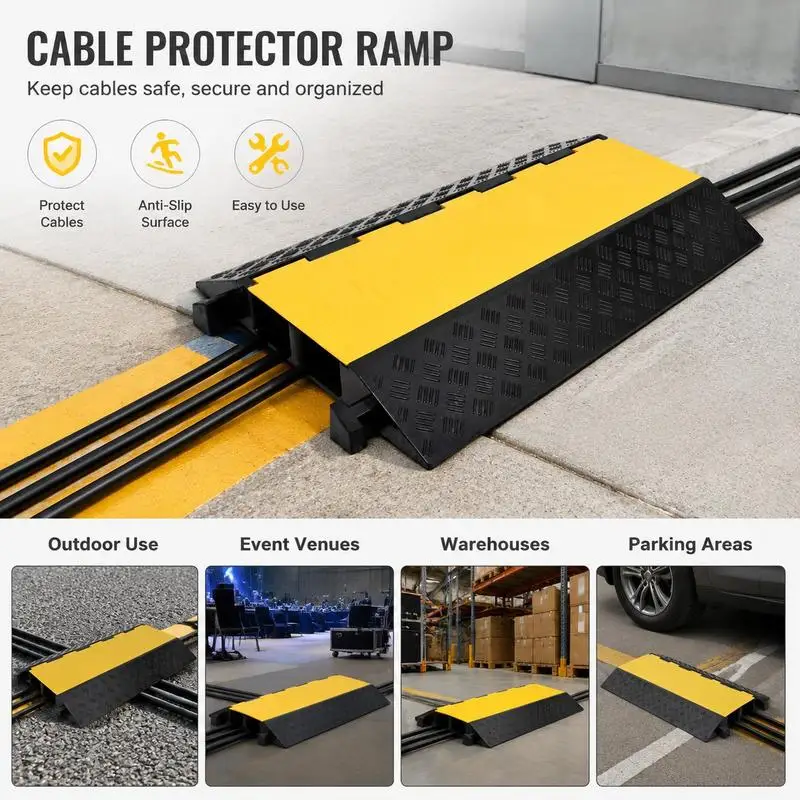 Rampe de protection de câbles robuste pour extérieur, 2 canaux, en caoutchouc, capacité de charge de 2,5 tonnes, conception modulaire emboîtable avec panneaux d'avertissement, jaune, 90 cm