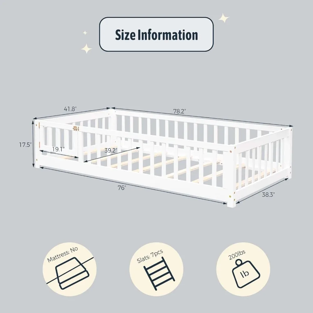 Twin Floor Bed with Rails, Solid Wood Montessori Bed with Slats and Door, Kids Floor Bed Frame for Children, Twin-White