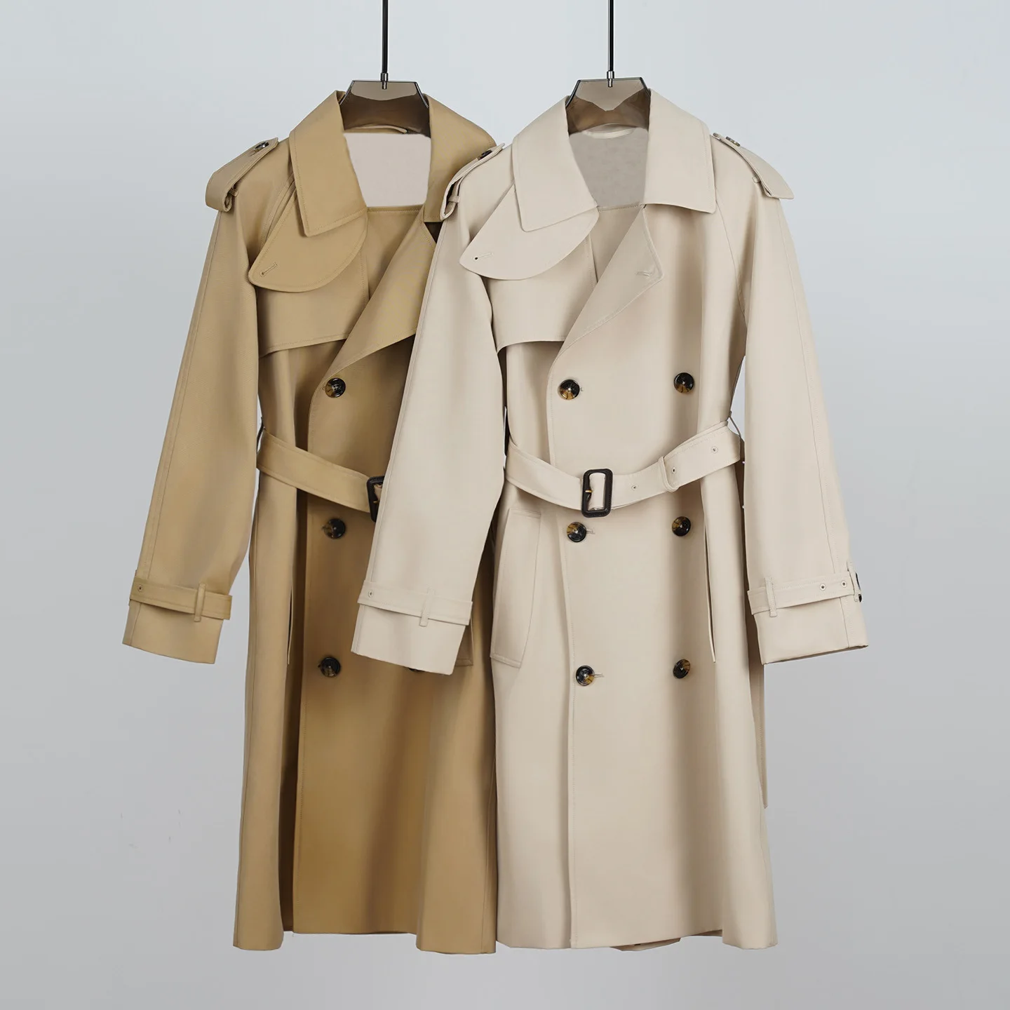 

Autumn/Winter Fashion Pure Cotton Color-Block Checkered Classic Double-Breasted Mid-Length Trench Coat