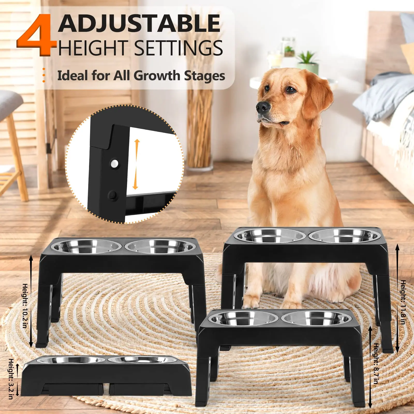 Elevated Dog Feeder Dogs Bowls Adjustable Raised Stand with Double Stainless Steel Food Water Bowls for Small Medium Large Dogs