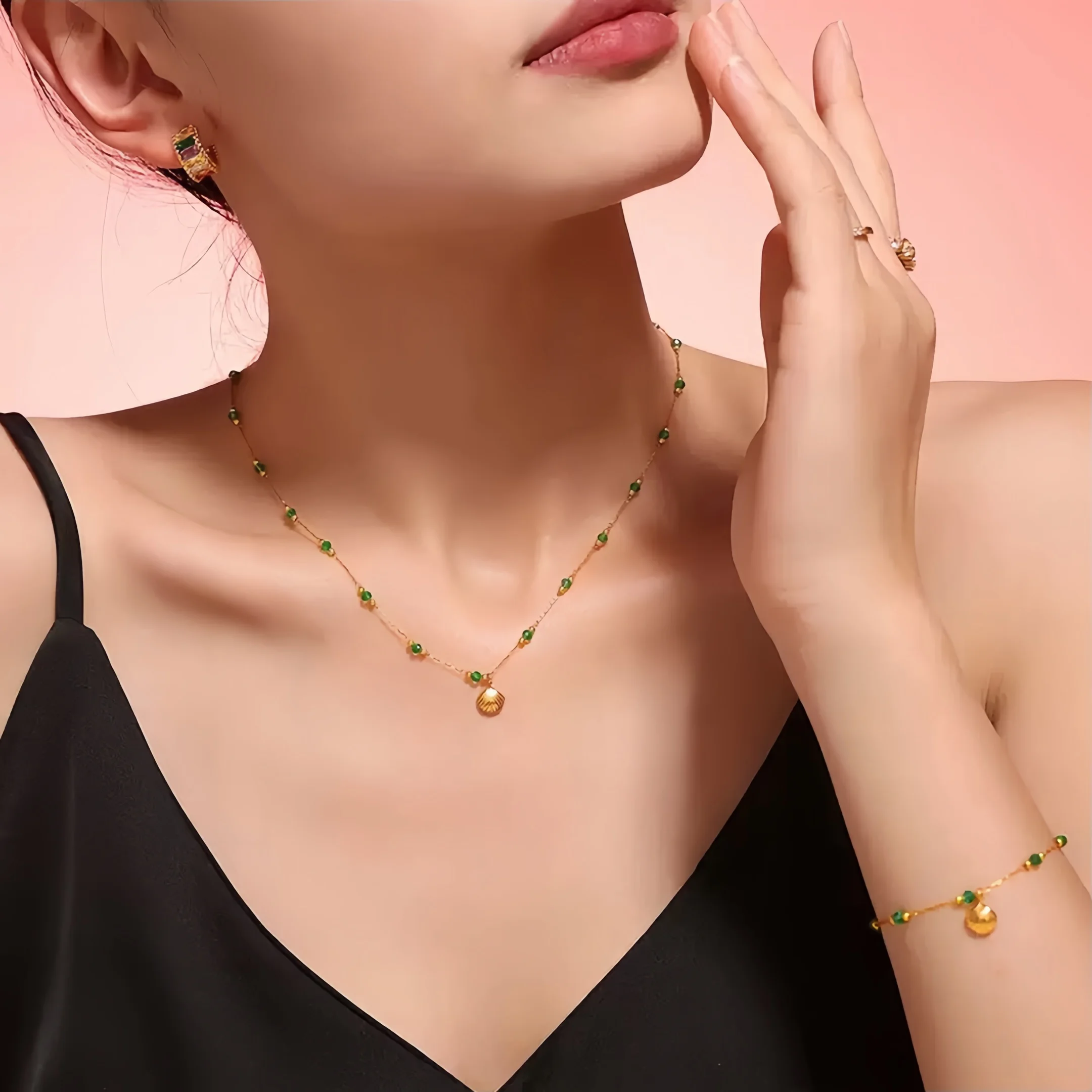 ASONSTEEL French Elegant Ocean Shell Green Beads Pendant Necklace Bracelets Golden Stainless Steel For Women Gorgeous Jewelry
