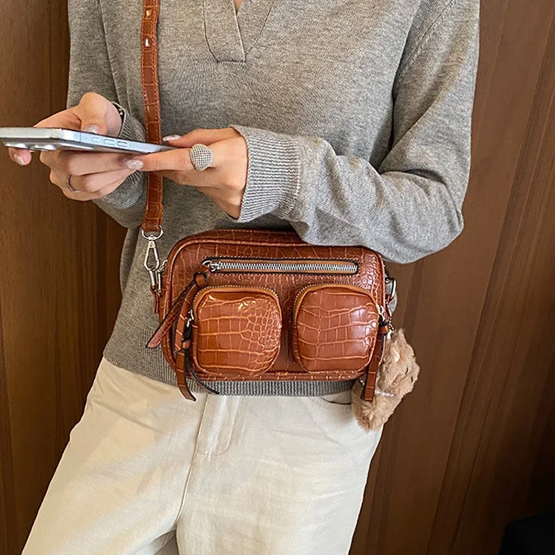 Mehrteilige Umhängetasche mit Krokodilmuster, Damen-Sling-Bag, Messenger-Bag mit Reißverschluss, einfarbige Outdoor-Handtasche – Detail 7