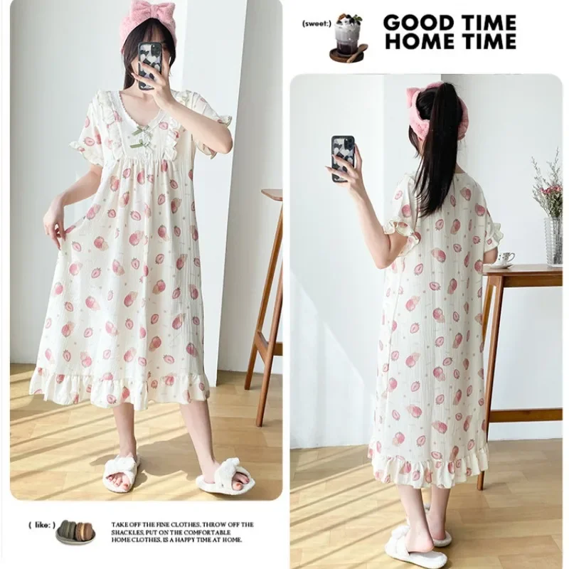 150KG 4XL Plus Size Loose Nightgown Women Summer Short Sleeves Sleepwear Home Clothes Outer Wear Korean Style Pajamas Nightdress