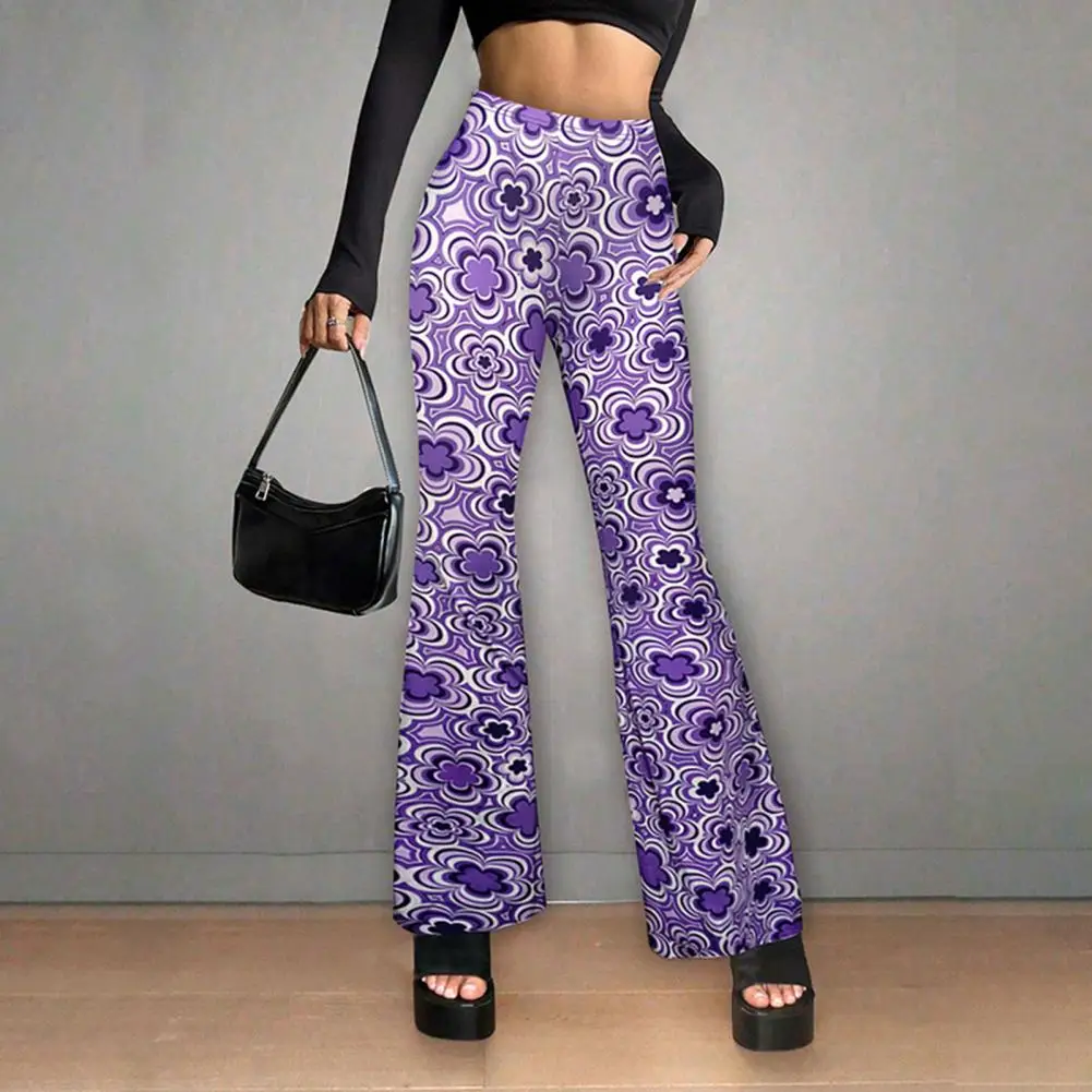 Women Printed Flared Pants Stylish Women's Flared Pants with Elastic High Waist Vibrant Flower Print Loose Flowy for Business