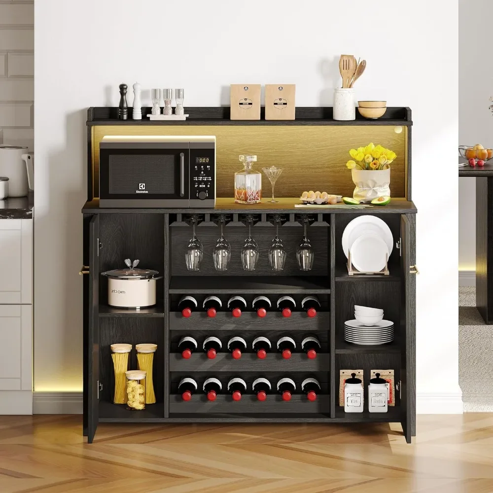 Armoire de bar avec lumières LED, buffet 47 en effet, armoire à café avec vin T1 et porte-verre, français ou avec étagère réglable