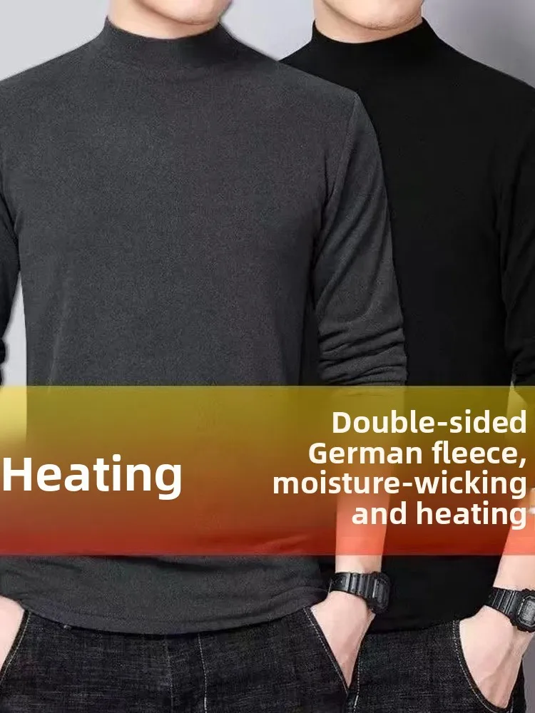 قميص رجالي بياقة متوسطة وأكمام طويلة مبطن بالصوف، طبقة أساسية مريحة ودافئة، ملابس داخلية ضيقة، تصميم جديد لفصلي الخريف والشتا...