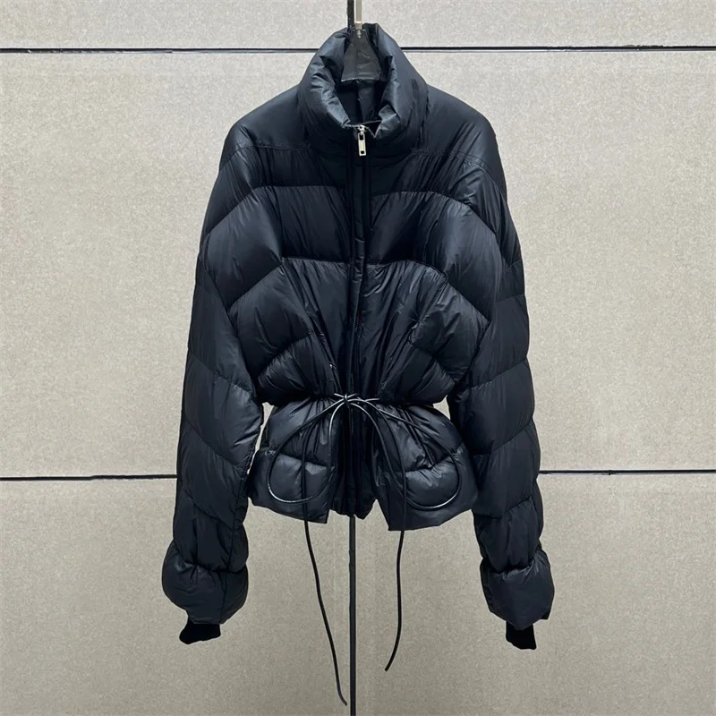 Women's jacket 2025 Winter lace up loose couple style high neck down jacket White duck down filled warm thick coat down coats