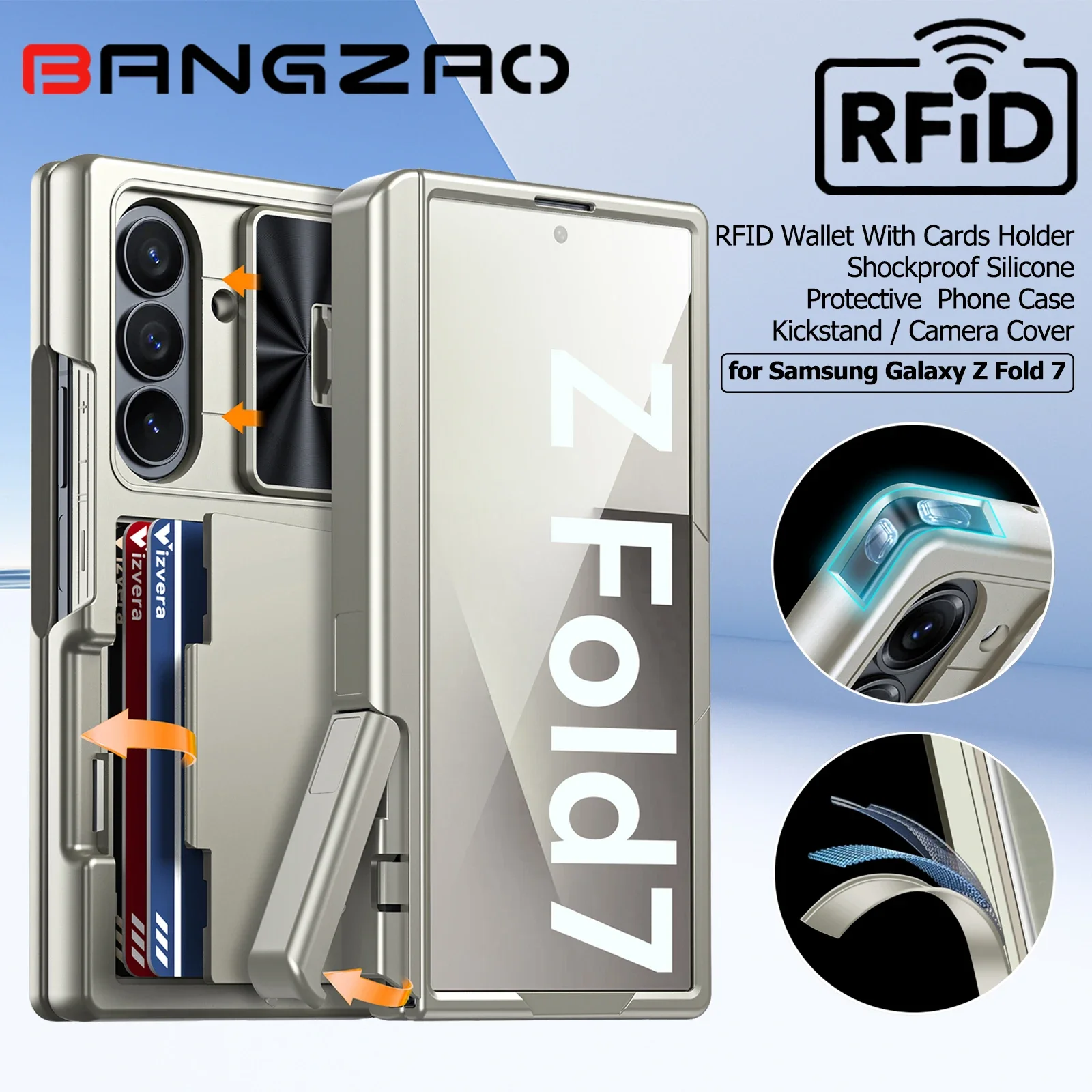 

Чехол для Galaxy Z Fold 7, RFID-кошелек с держателем для карт, подставкой, чехлом для камеры, противоударный силиконовый защитный чехол для телефона-титан