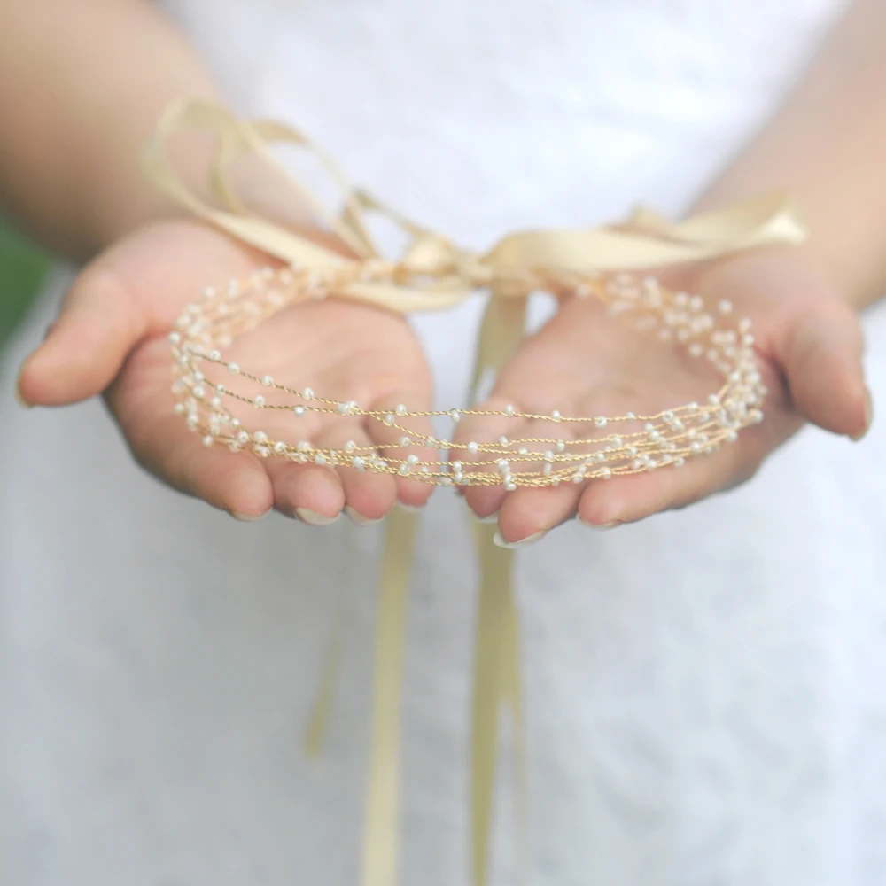 Goud/Zilver Kralen Hoofdband Vrouw Met Lint Bruiloft Hoofddeksel Voor Bruid Haaraccessoires Bruiloft Haarband Hoofd Decoratie