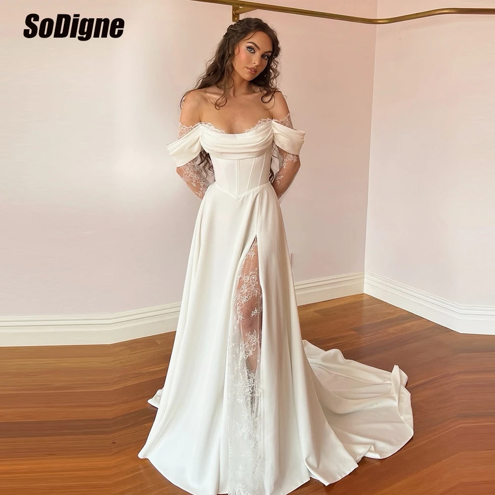 

SoDigne A-line Off Shoulder Wedding Dresses Satin/Lace Long Sleeves Bride Dress Split Wedding Gown vestidos de novia Customized