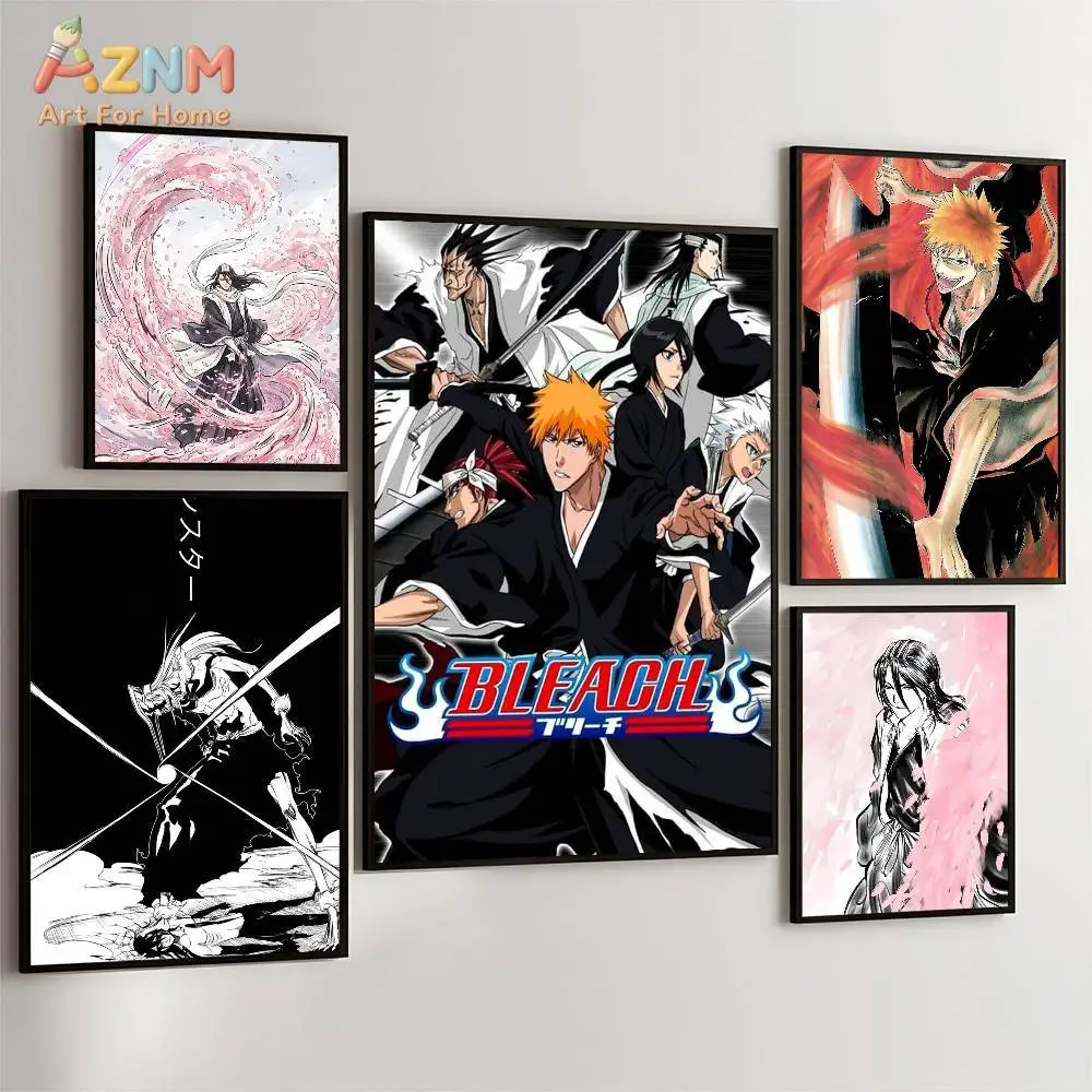 AZNM Bleach Anime Canvas Wall Art, Ichigo Kurosaki & Soul Reaper Characters Poster Print, Unframed Canvas Painting for Bedroom L
